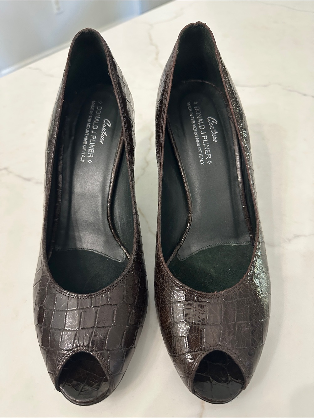 Donald J Pliner Coutoure Dark Brown Croc-Embossed Peep-Toe Pumps